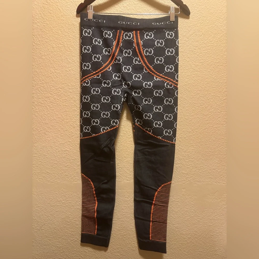 New Authentic Gucci GG Jumbo Logo Leggings Gray Orange Size M - Picture 8 of 10